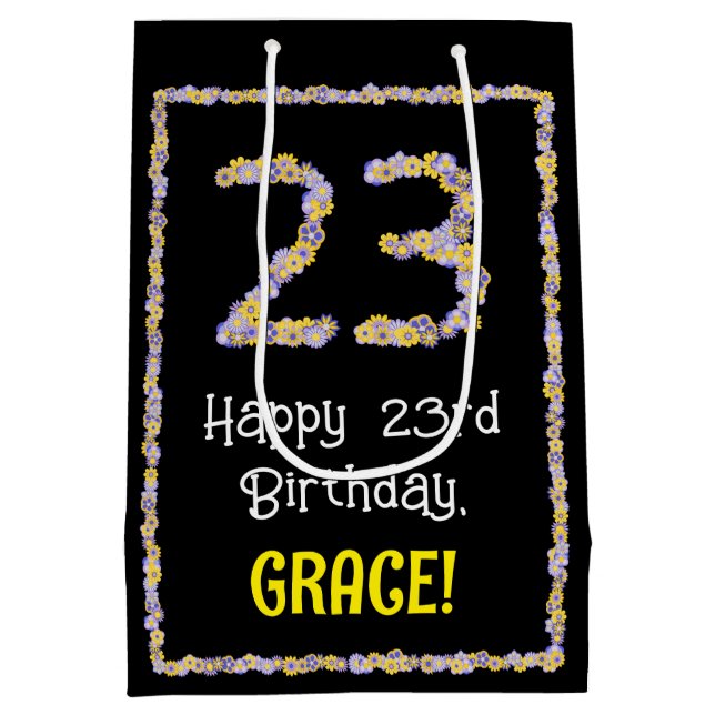 Sac Cadeau Moyen 23e anniversaire : Floral Flowers Numéro, Nom pers (Dos)