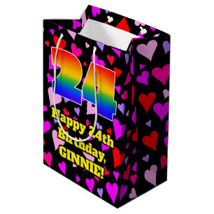 Sac Cadeau Moyen 24e anniversaire : Amour Hearts Motif, Arc-en-ciel