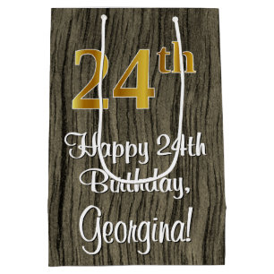 Sac Cadeau Moyen 24e Anniversaire : Élégant Aspect Or Faux #, Bois