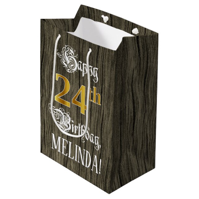 Sac Cadeau Moyen 24e anniversaire : Faux Gold Look & Faux Wood Moti (Devant Angle)