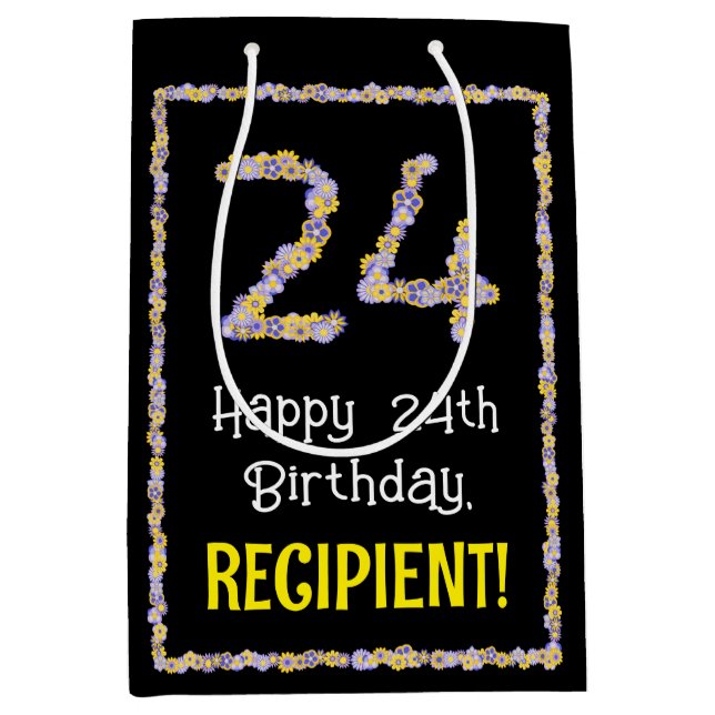 Sac Cadeau Moyen 24e anniversaire : Floral Flowers Numéro, Nom pers (Devant)