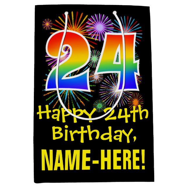Sac Cadeau Moyen 24ème anniversaire : Fun Fireworks Motif + Rainbow (Devant)