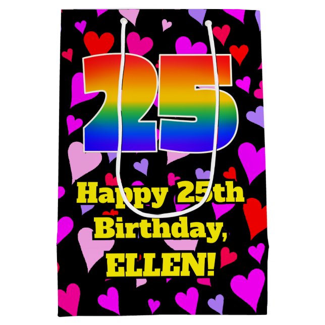 Sac Cadeau Moyen 25e anniversaire : Amour Hearts Motif, Arc-en-ciel (Dos)