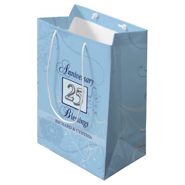 Sac Cadeau Moyen 25e anniversaire en bleu et argent (Devant Angle)