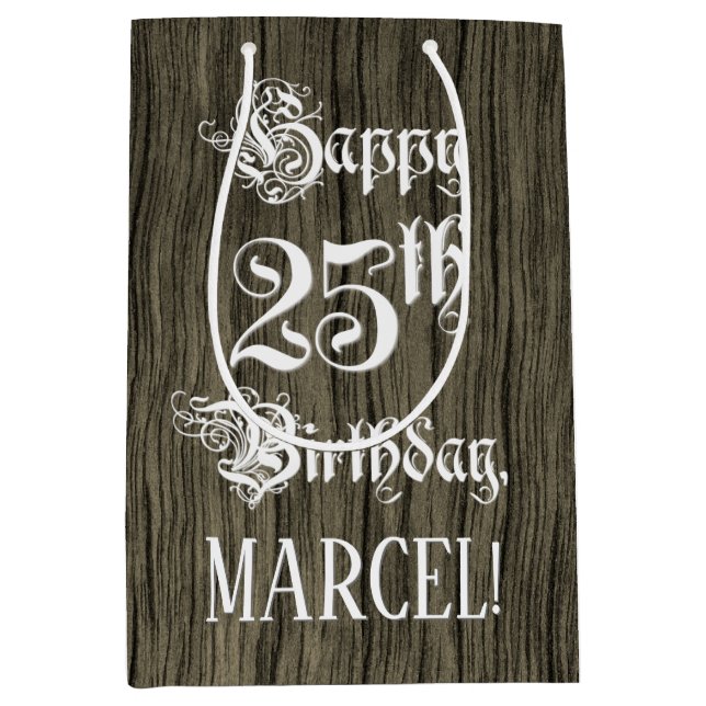 Sac Cadeau Moyen 25e anniversaire : fantaisie, Faux Wood Look + Nom (Devant)