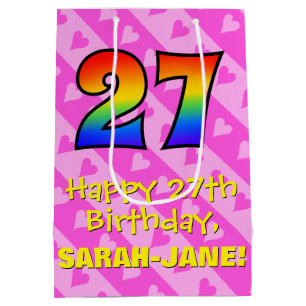 Sac Cadeau Moyen 27e anniversaire : Amusants Coeurs roses Stripes; 