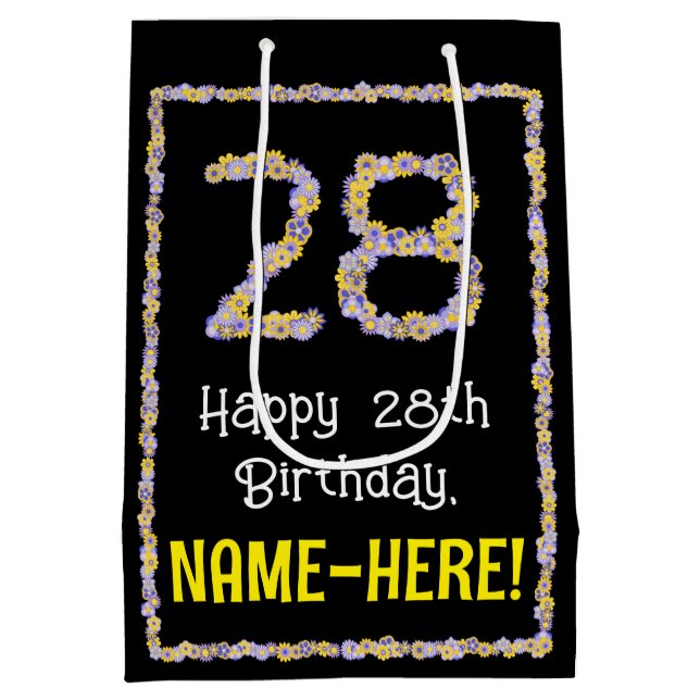 Sac Cadeau Moyen 28e anniversaire : Floral Flowers Numéro, Nom pers (Dos)