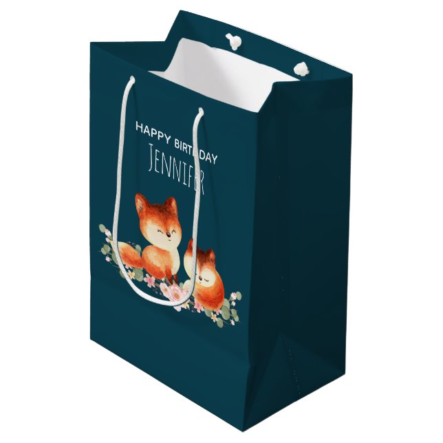 Sac Cadeau Moyen 2 mignons Petits Renards Rouges Aquarelle Design A (Devant Angle)