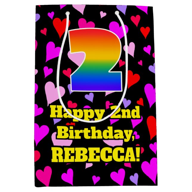 Sac Cadeau Moyen 2e anniversaire : Amour Hearts Motif, Arc-en-ciel  (Devant)