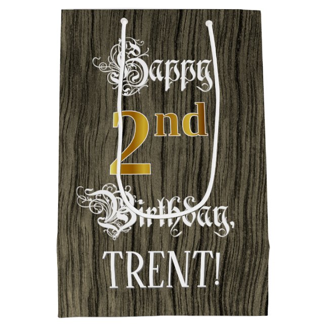 Sac Cadeau Moyen 2e anniversaire : Faux Gold Look & Faux Wood Motif (Dos)