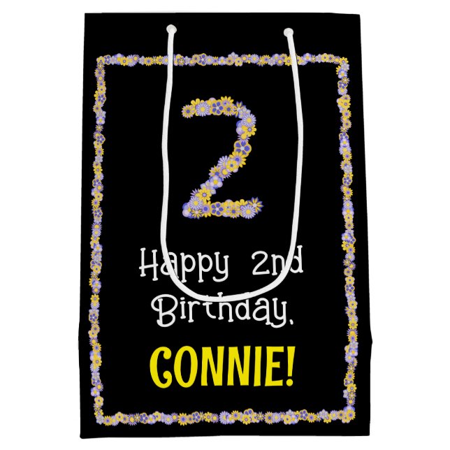 Sac Cadeau Moyen 2e anniversaire : Floral Flowers Numéro, Nom perso (Dos)