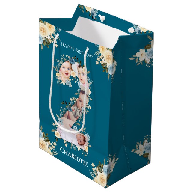 Sac Cadeau Moyen 2e anniversaire Photo Collage Turquoise bleu jaune