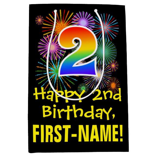 Sac Cadeau Moyen 2ème anniversaire : Fun Motif Fireworks + Rainbow  (Devant)