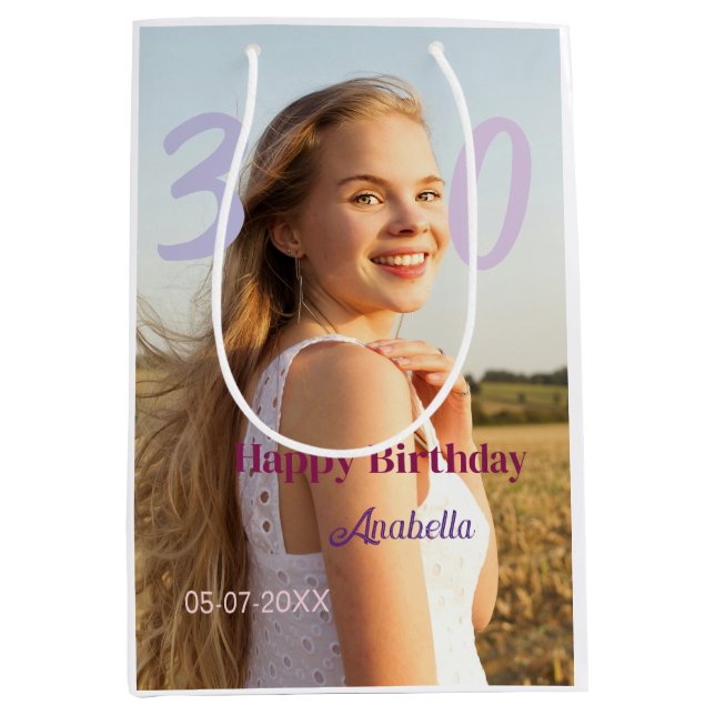 Sac Cadeau Moyen 30e anniversaire ajouter nom date année VIOLET ROS (Devant)