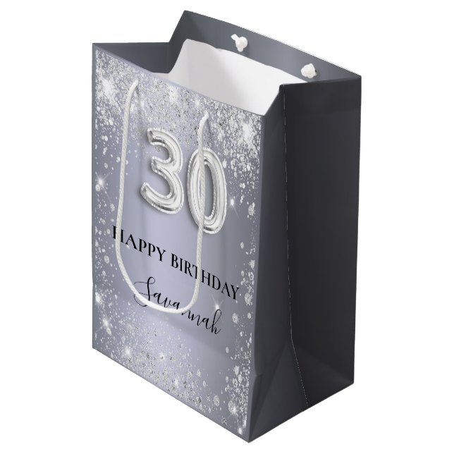 Sac Cadeau Moyen 30e anniversaire argent parties scintillant nom sc (Devant Angle)