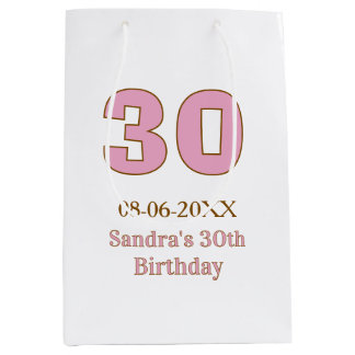 Sac Cadeau Moyen 30e anniversaire gras rose nom date simple mi