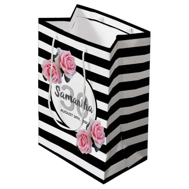 Sac Cadeau Moyen 30e anniversaire rose roses noir blanc rayures (Devant Angle)