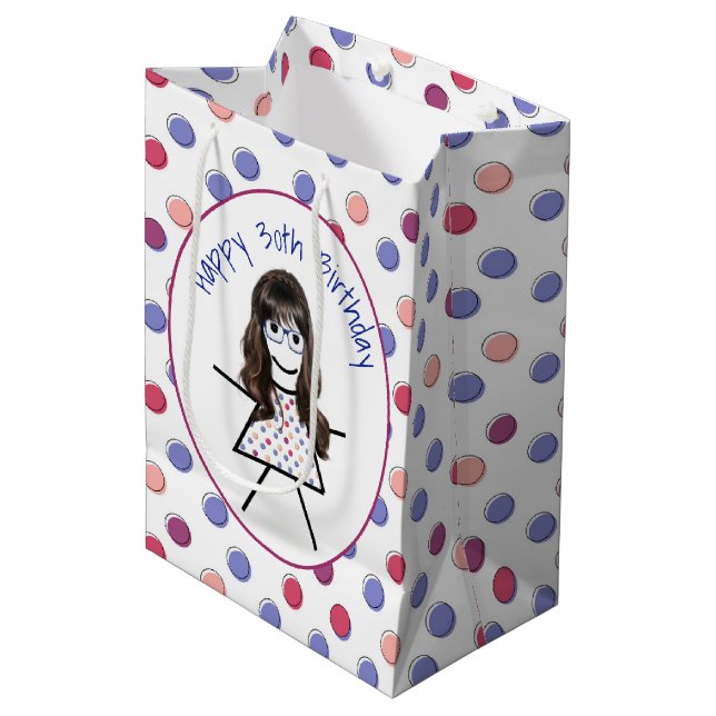 Sac Cadeau Moyen 30e Anniversaire Stick Girl sur Pois (Devant Angle)
