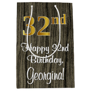 Sac Cadeau Moyen 32e Anniversaire : Élégant Aspect Or Faux #, Bois