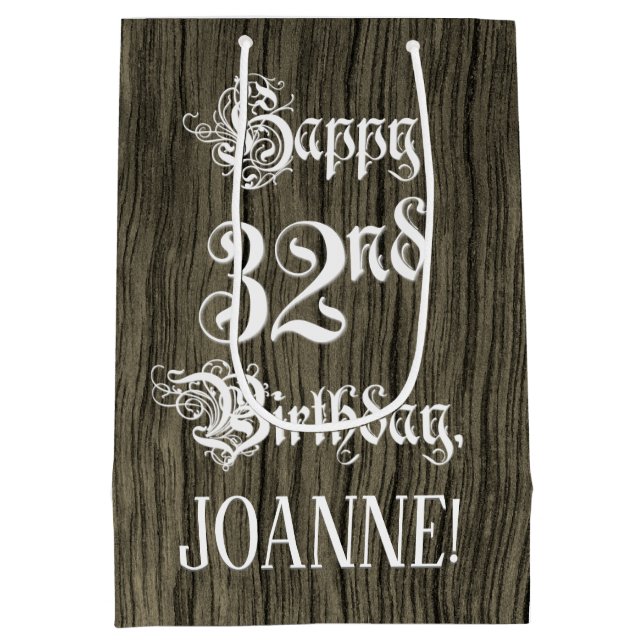 Sac Cadeau Moyen 32e anniversaire : fantaisie, Faux Wood Look + Nom (Dos)