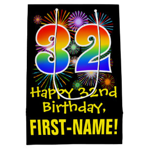 Sac Cadeau Moyen 32e anniversaire : Fun Fireworks Motif + Rainbow 3