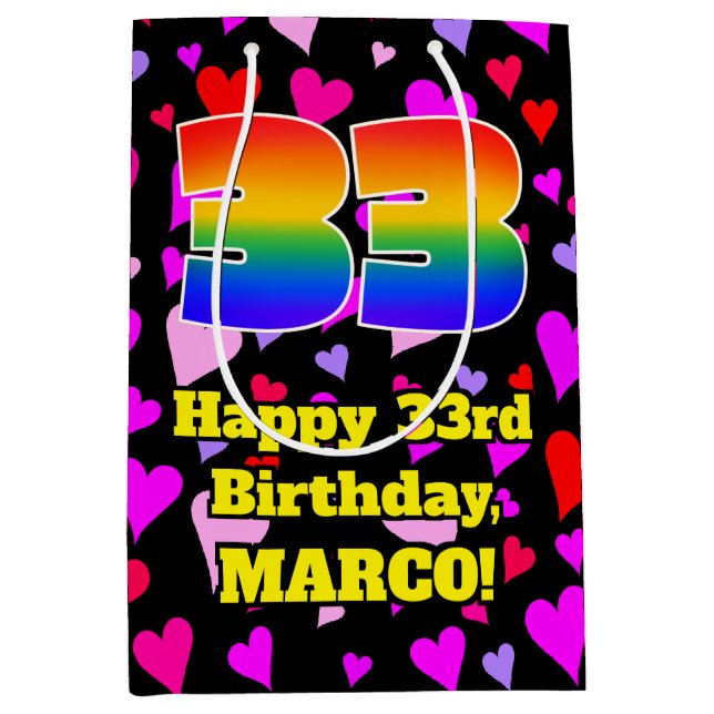 Sac Cadeau Moyen 33e anniversaire : Amour Hearts Motif, Arc-en-ciel (Devant)