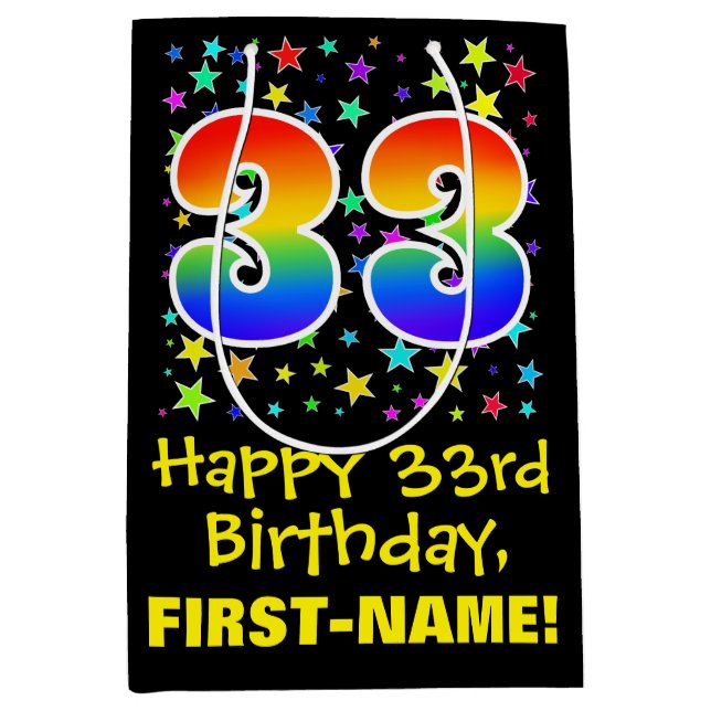 Sac Cadeau Moyen 33e anniversaire : Colorful Stars Motif & Rainbow  (Devant)