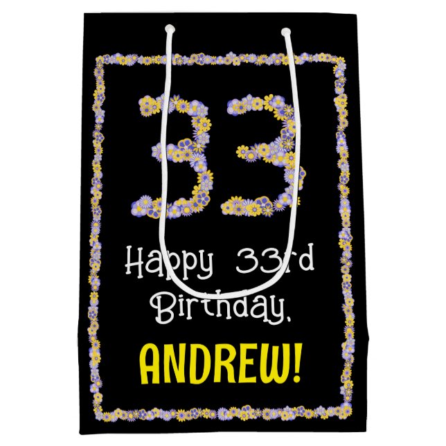 Sac Cadeau Moyen 33e anniversaire : Floral Flowers Numéro, Nom pers (Dos)