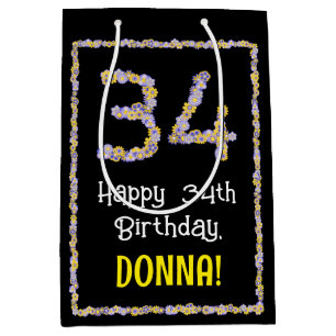 Sac Cadeau Moyen 34e anniversaire : Floral Flowers Numéro, Nom pers