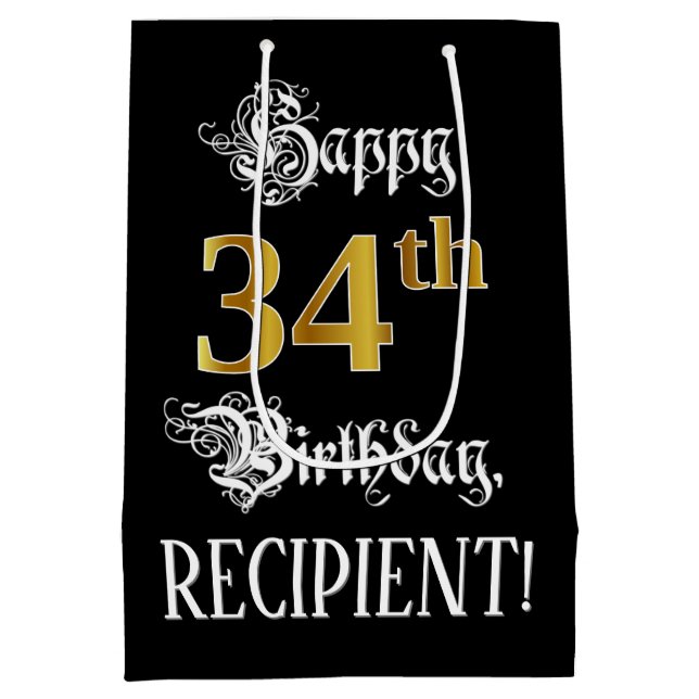 Sac Cadeau Moyen 34e anniversaire ~ Script fantaisie; Faux Gold Loo (Dos)