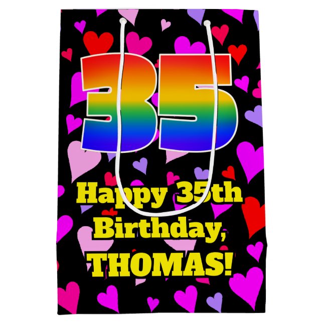 Sac Cadeau Moyen 35e anniversaire : Amour Hearts Motif, Arc-en-ciel (Dos)