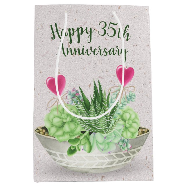 Sac Cadeau Moyen 35e anniversaire Coeurs roses dans les succulents (Devant)