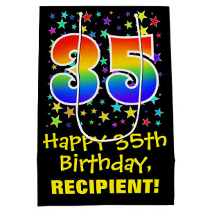 Sac Cadeau Moyen 35e anniversaire : Colorful Stars Motif & Rainbow 