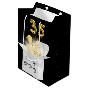 Sac Cadeau Moyen 35e Ballons d'anniversaire en or en boîte blanche