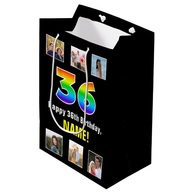 Sac Cadeau Moyen 36e anniversaire : Arc-en-ciel "36", photos person (Devant Angle)