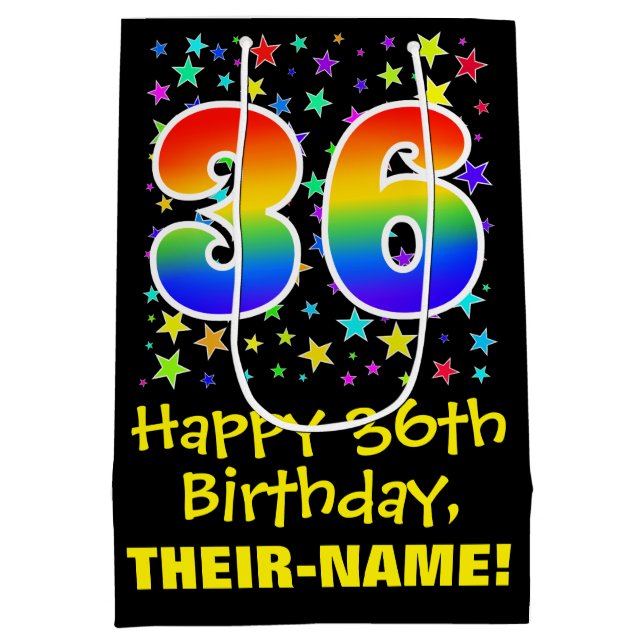 Sac Cadeau Moyen 36e anniversaire : Colorful Stars Motif & Rainbow  (Dos)