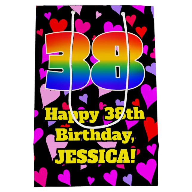 Sac Cadeau Moyen 38e anniversaire : Amour Hearts Motif, Arc-en-ciel (Dos)