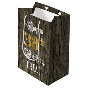 Sac Cadeau Moyen 38e anniversaire : Faux Gold Look & Faux Wood Moti