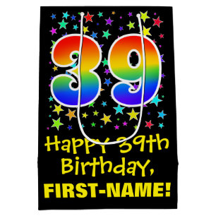 Sac Cadeau Moyen 39e anniversaire : Colorful Stars Motif & Rainbow 