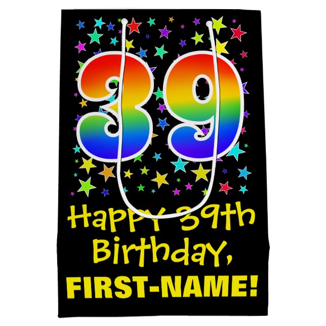 Sac Cadeau Moyen 39e anniversaire : Colorful Stars Motif & Rainbow  (Dos)