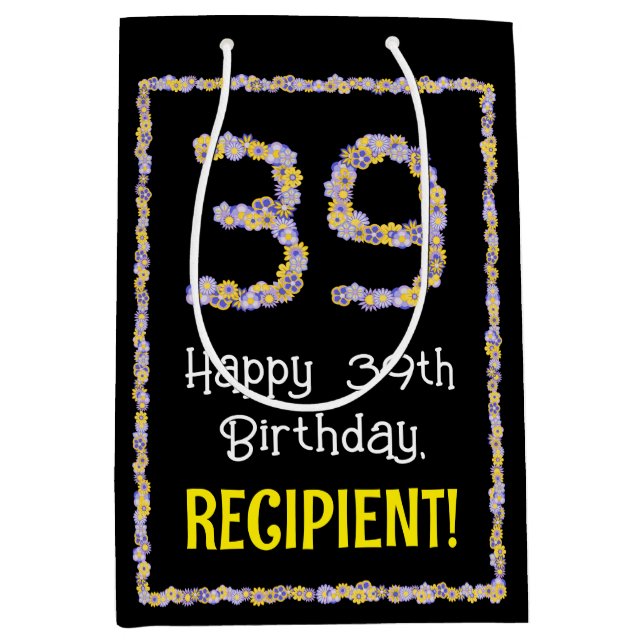 Sac Cadeau Moyen 39e anniversaire : Floral Flowers Numéro, Nom pers (Devant)