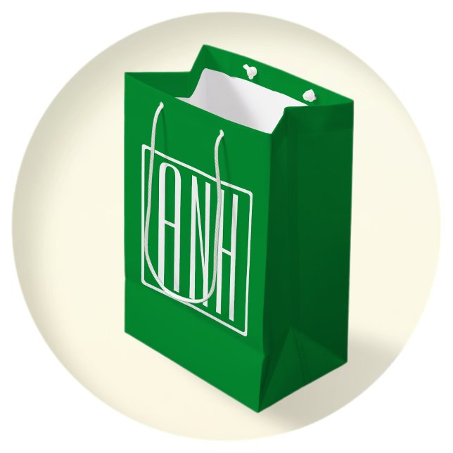 Sac Cadeau Moyen 3 Initiales Monogramme | Vert et blanc (Créateur téléchargé)