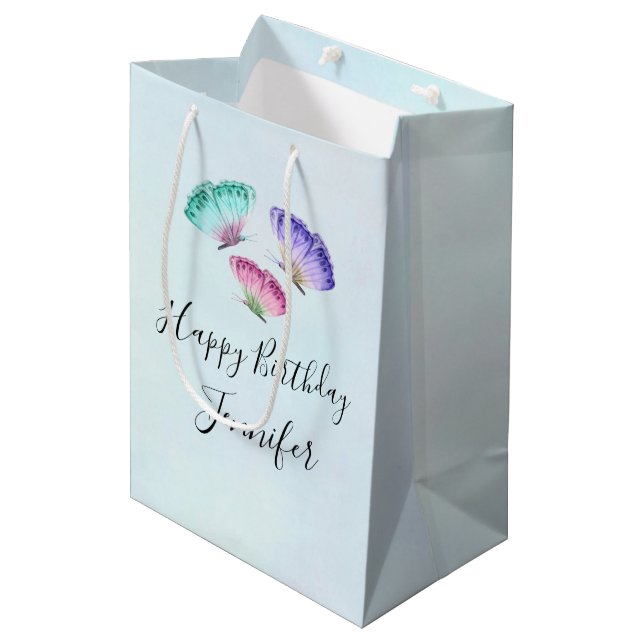 Sac Cadeau Moyen 3 Joli Pastel Aquarelle Papillons Anniversaire (Devant Angle)