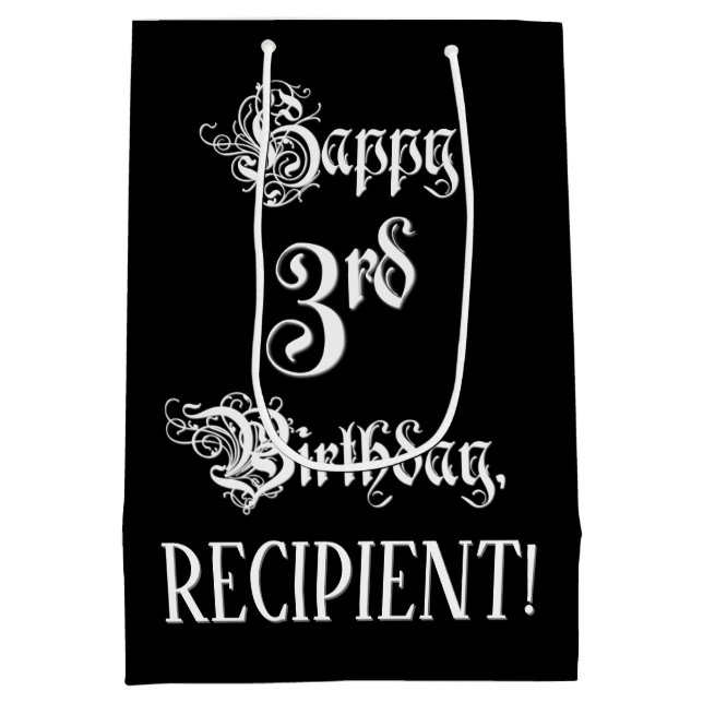 Sac Cadeau Moyen 3e anniversaire : fantaisie, élégant script + Nom  (Dos)