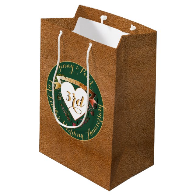 Sac Cadeau Moyen 3e anniversaire Mariage en cuir vert (Dos Angle)
