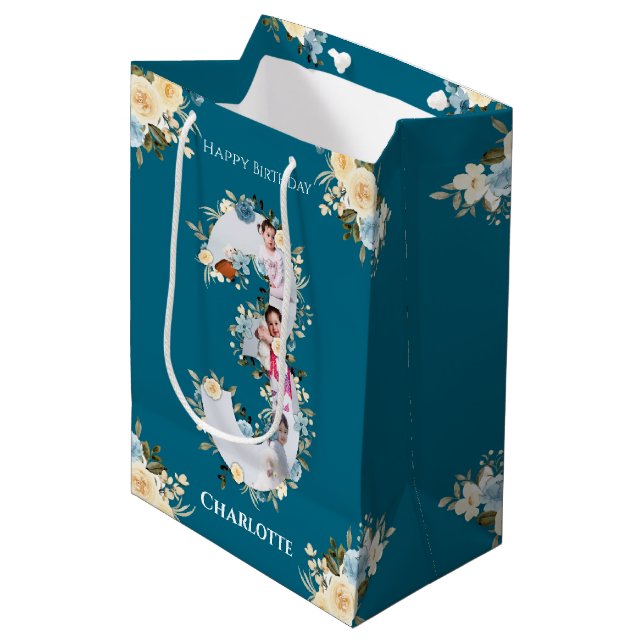 Sac Cadeau Moyen 3e anniversaire Photo Turquoise Collage bleu jaune (Devant Angle)