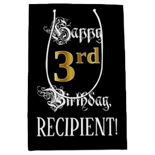 Sac Cadeau Moyen 3e anniversaire ~ Script fantaisie; Faux Gold Look