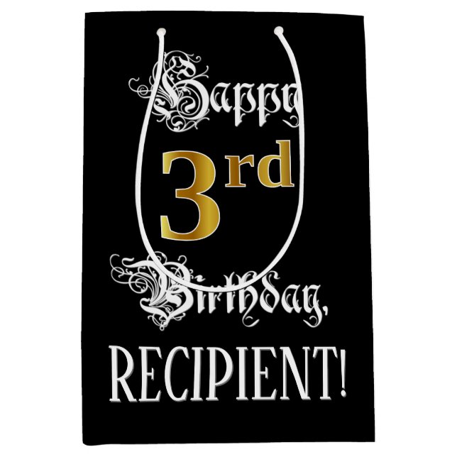 Sac Cadeau Moyen 3e anniversaire ~ Script fantaisie; Faux Gold Look (Devant)
