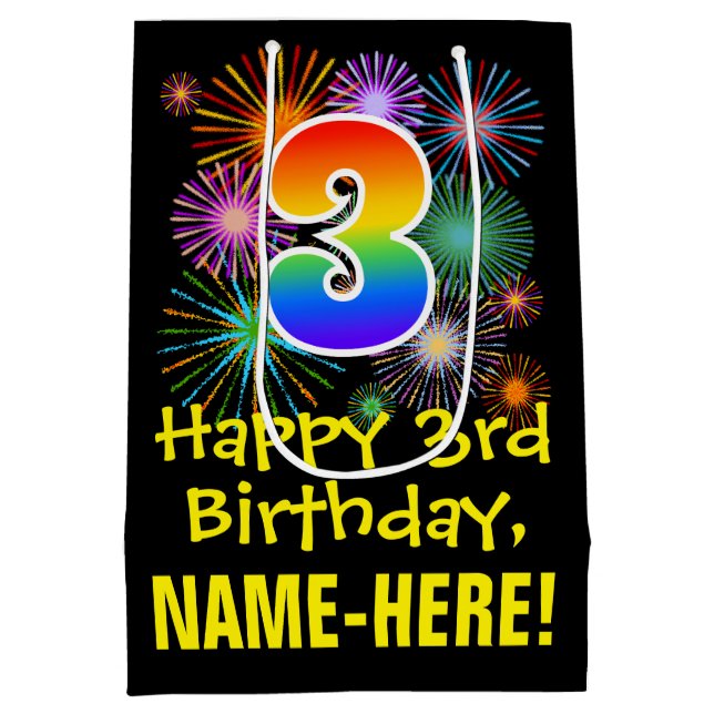 Sac Cadeau Moyen 3ème anniversaire : Fun Motif Fireworks + Rainbow  (Dos)