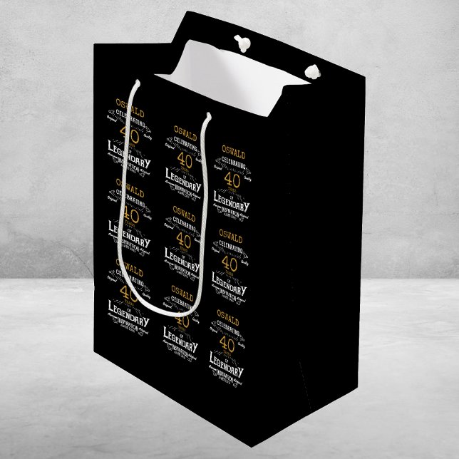 Sac Cadeau Moyen 40e anniversaire Black Gold Legendary Retro (40th Birthday Black Gold Legendary Retro Medium Gift Bag
)